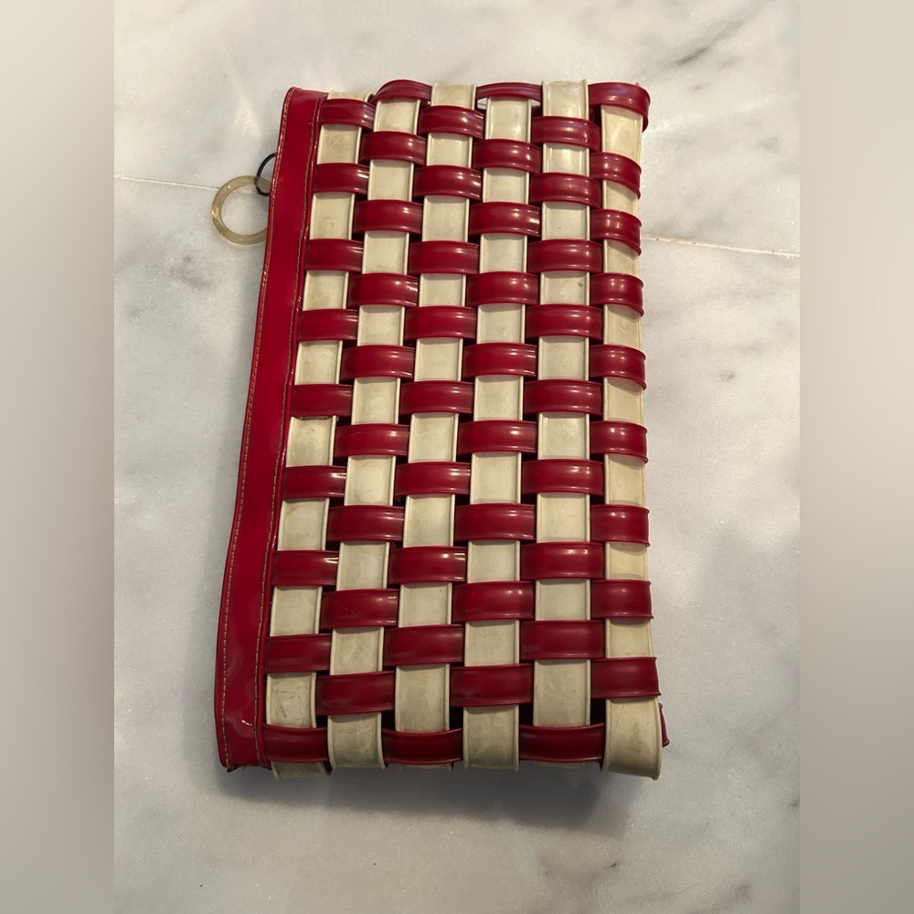 Vintage red and white woven clutch bag